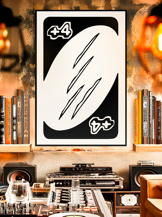 Unique wall art poster featuring an abstract Uno style +4 card design with four minimal line symbols, displayed in a retro DJ room with vinyl records, turntables and warm lighting, perfect for party inspired decor and modern interior wall art.