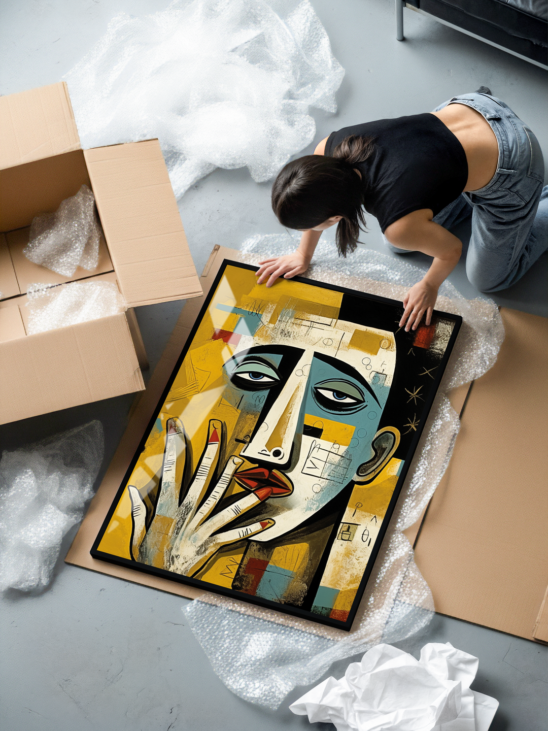 A framed abstract picasso-style cubist face artwork with bold geometric shapes, expressive lines, and a mix of yellow, blue, red, and black tones is shown lying on protective packaging while being unboxed. The sharp details, rich colors, and smooth reflection emphasize the premium black metal frame and museum-grade matte paper.