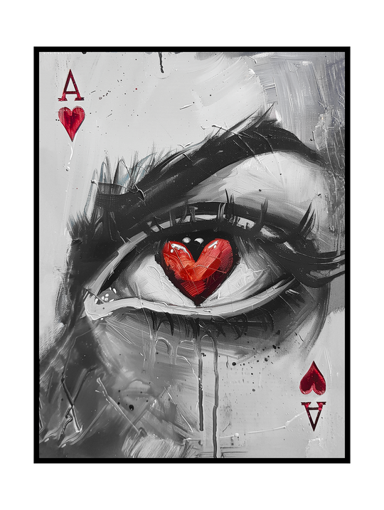 An abstract close-up of a human eye rendered in grayscale textures, with a vivid red heart forming the pupil. Playing card heart symbols appear in the corners, creating a dramatic, emotional composition that contrasts monochrome brushstrokes with bold red accents and a dark, expressive mood.