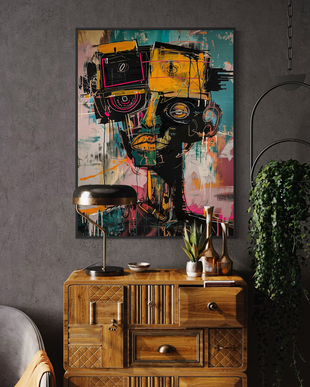 Large abstract portrait wall art featuring a stylized human face with bold brush strokes, geometric elements, and vibrant colors, displayed in a modern industrial interior with textured walls, wooden furniture, and contemporary decor.