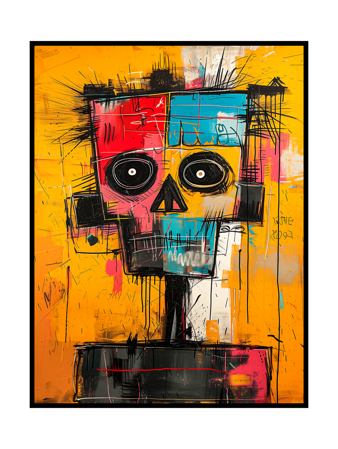 Expressive abstract robot skull artwork inspired by Basquiat style, featuring bold hand-drawn lines, raw textures, vivid red and blue accents, and a distressed yellow background, capturing modern expressionist and contemporary street art aesthetics.