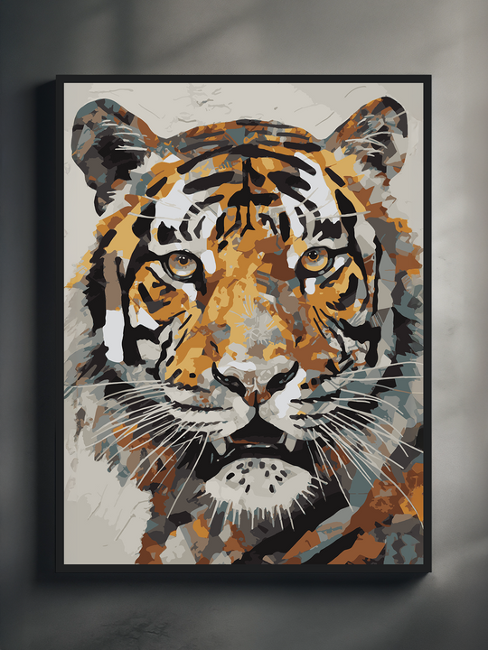 Vibrant modern tiger portrait artwork featuring a close-up face in layered mosaic paint strokes, bold orange tones, and striking eyes on a soft neutral background.