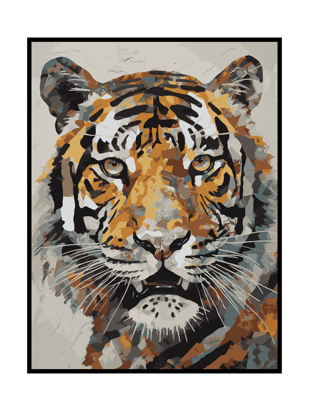 Modern wall art poster featuring a frontal tiger portrait composed of layered abstract shapes and textured brush strokes. Warm earthy tones of orange, brown, beige, and black form a striking geometric interpretation of a tiger’s face with intense, symmetrical eyes. Contemporary wildlife wall art designed as a bold animal poster, blending abstract illustration with natural power for modern, minimalist, and creative interiors.