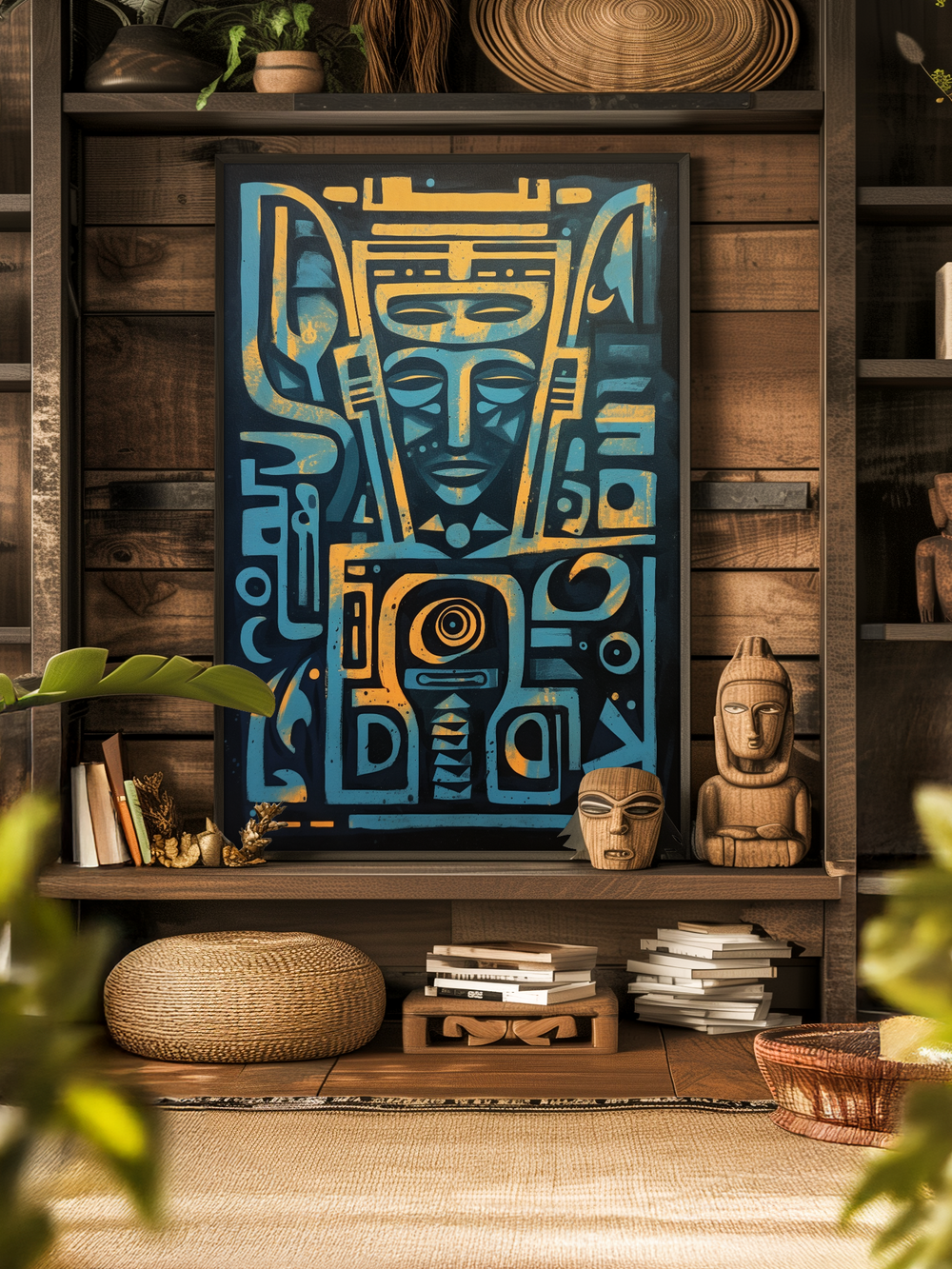 A vibrant abstract painting with tribal-inspired blue and yellow geometric patterns is displayed on a rustic wooden shelf. The surrounding decor includes carved wooden masks, woven baskets, books, and lush green plants, creating a warm, earthy and eclectic interior design that highlights cultural and artistic elements.