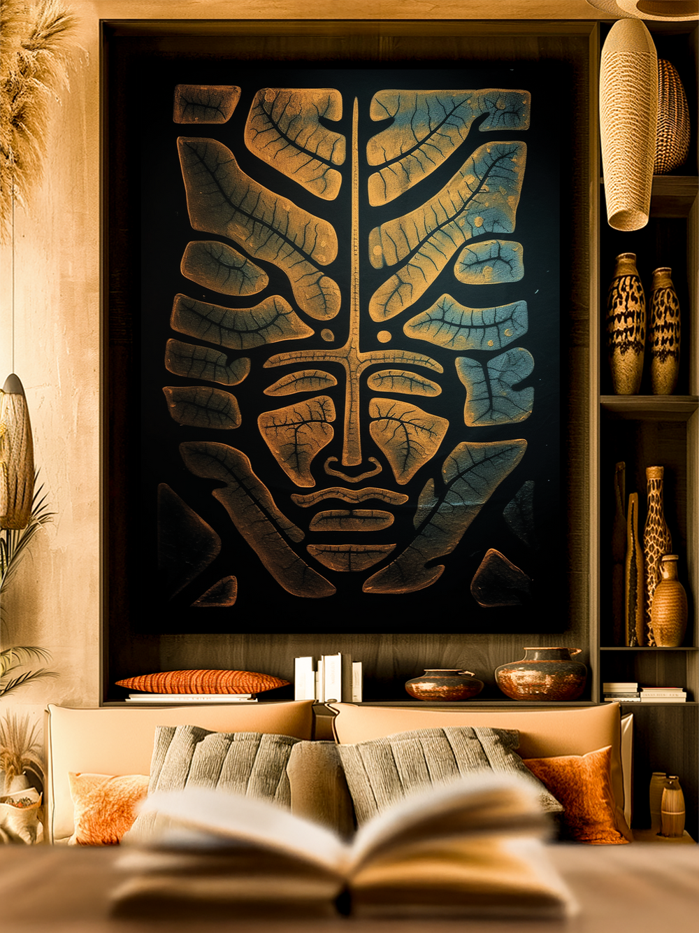 A large abstract tribal-inspired artwork with leaf-like blue and golden patterns forming a human face hangs on a textured wall above a cozy modern sofa. The room features warm earthy tones, decorative vases, cushions, and natural lighting, creating a stylish and inviting atmosphere.