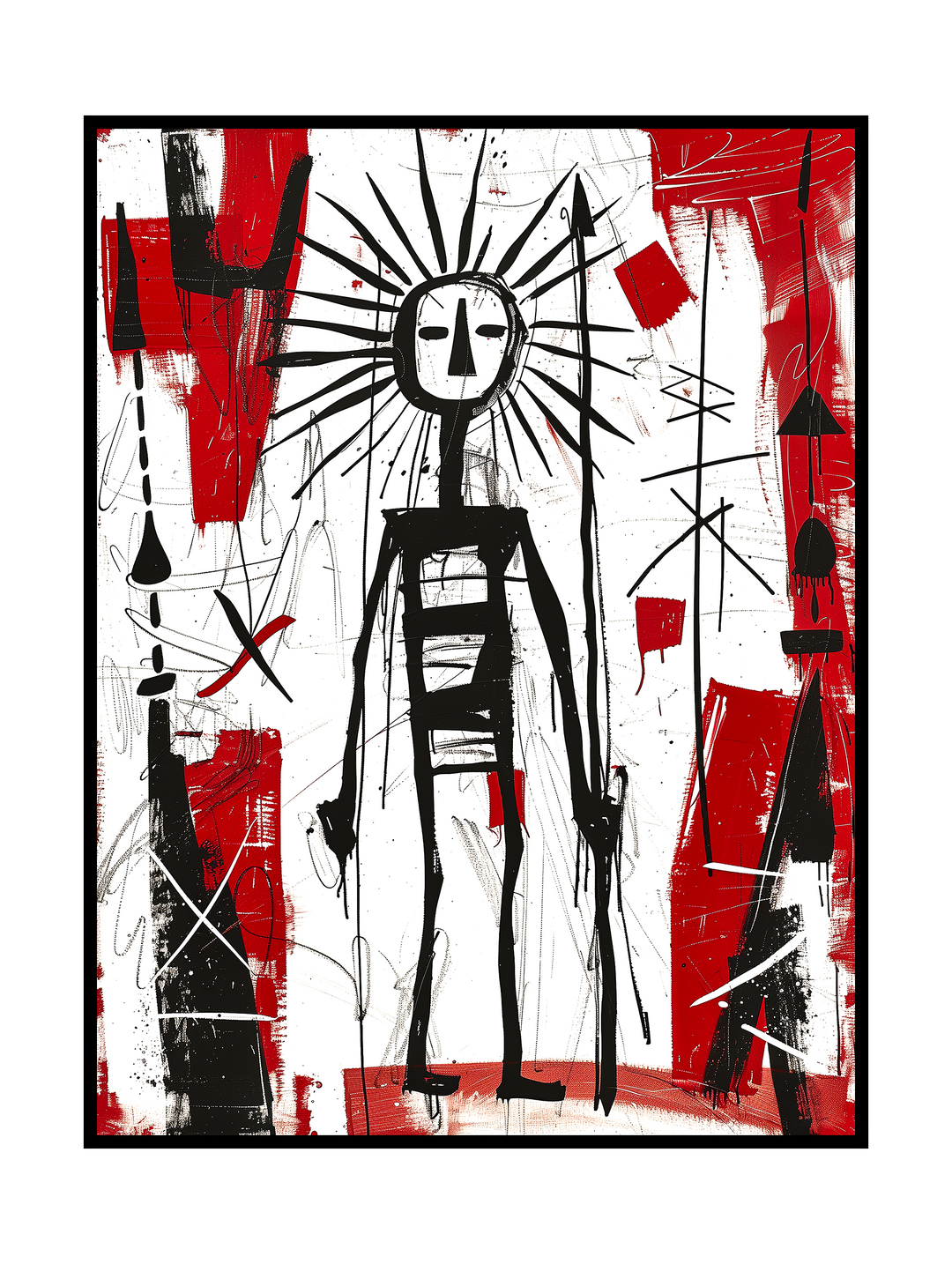 Striking abstract artwork featuring a stylized human figure with a radiant, sun-like head, rendered in bold black lines against a textured red and white background. The composition evokes primitive symbolism, raw emotion, and neo-expressionist energy through gestural marks, distressed textures, and powerful contrast.