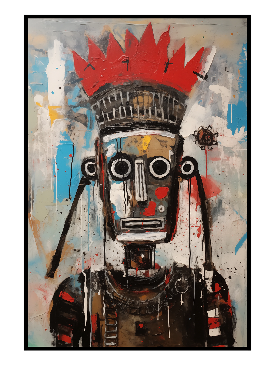 Expressive abstract artwork depicting a tribal mask–like figure with large circular eyes and a bold red crown, painted in a raw, layered expressionist style. Dripping textures, rough brushstrokes, and muted earth tones combined with splashes of color create a powerful, primitive aesthetic reminiscent of street art and neo-expressionism.