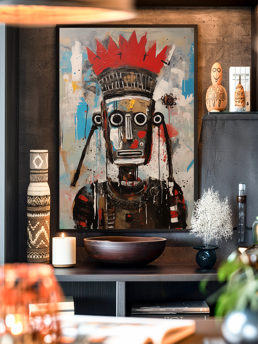 Contemporary Basquiat-inspired abstract painting featuring a tribal mask with circular eyes, geometric details, and a striking red crown. The artwork combines expressive brushstrokes in red, black, white, and blue, creating a bold and urban aesthetic. Displayed in a modern interior with decorative objects, it exudes a raw, vibrant, and cultural atmosphere perfect for statement wall art.