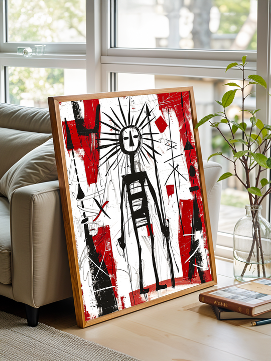 A striking abstract warrior art print with tribal influence in red, black, and white, leaning casually against a window in a bright, modern room. Natural daylight enhances the bold brushstrokes, while minimal decor like a glass vase, green plant, and book create a stylish, contemporary setting.