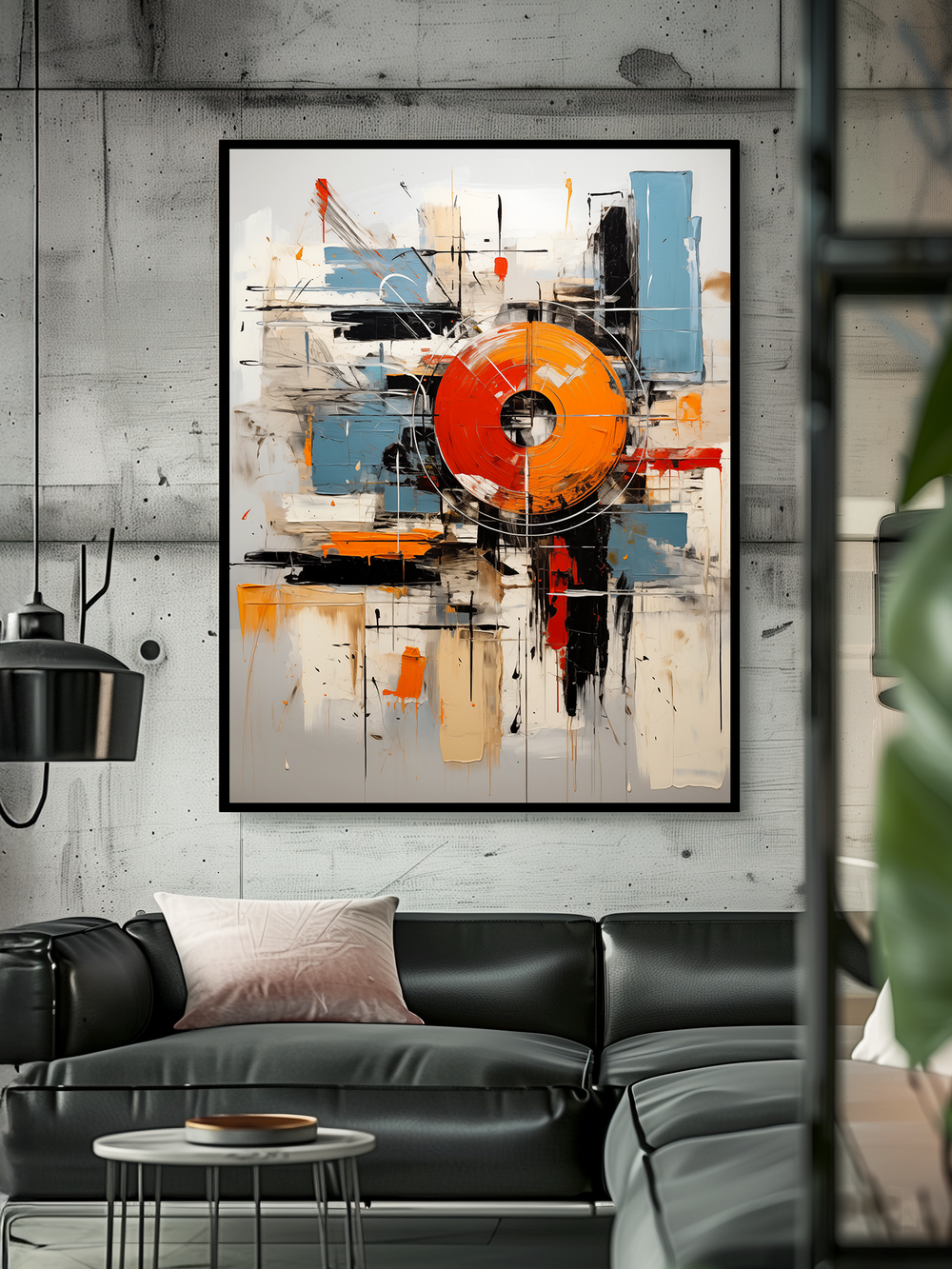 A bold abstract poster with a central orange and red vinyl-like circle surrounded by geometric brushstrokes in blue, black, and beige hangs on a concrete wall. The artwork is framed in black and placed above a sleek black leather sectional sofa with a soft pink cushion. The room features industrial design elements, a minimal round side table, and blurred plants in the foreground, creating a modern and artistic loft atmosphere.