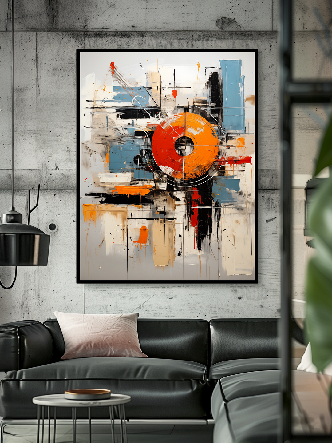 A bold abstract poster with a central orange and red vinyl-like circle surrounded by geometric brushstrokes in blue, black, and beige hangs on a concrete wall. The artwork is framed in black and placed above a sleek black leather sectional sofa with a soft pink cushion. The room features industrial design elements, a minimal round side table, and blurred plants in the foreground, creating a modern and artistic loft atmosphere.
