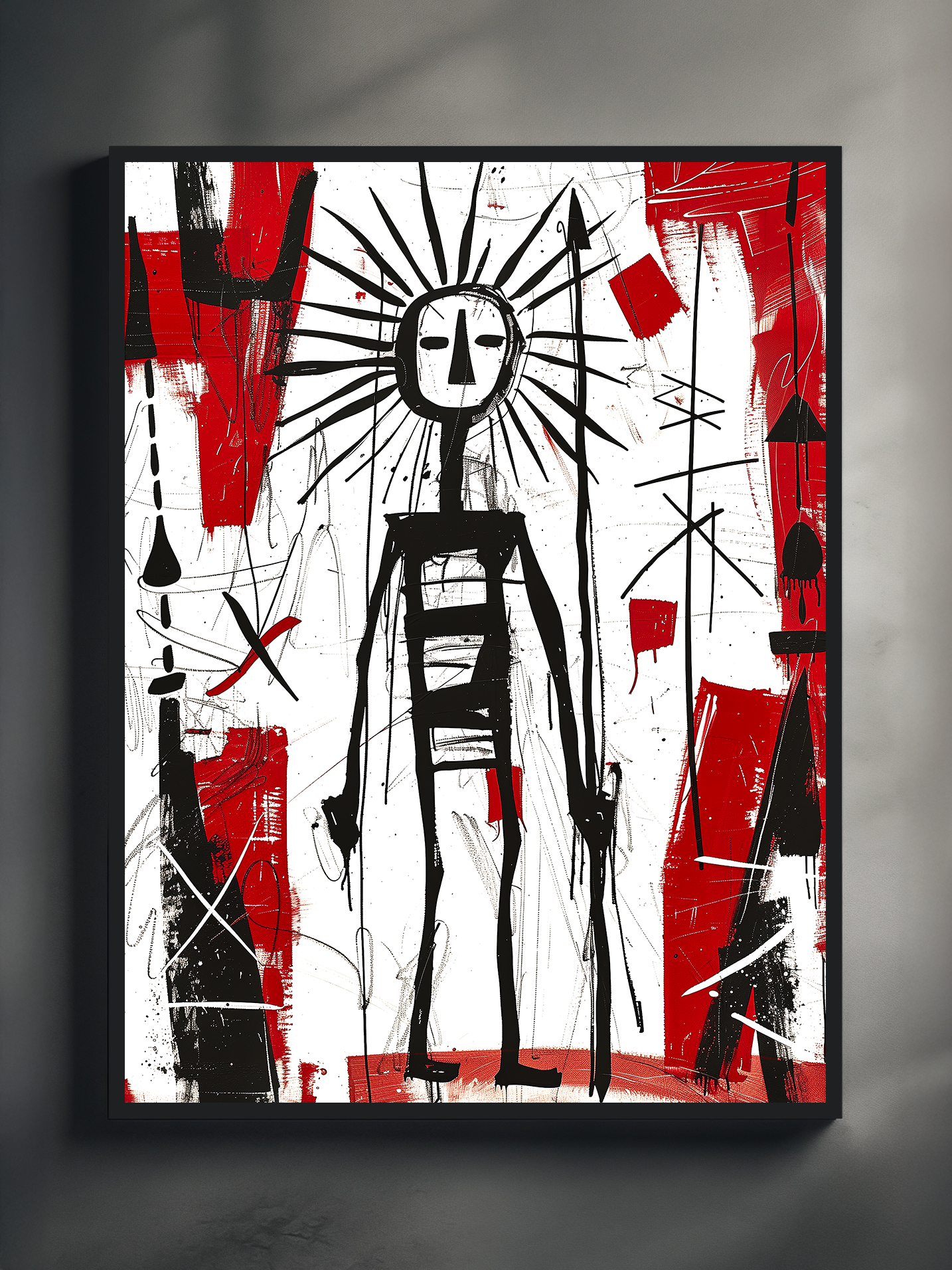 Modern abstract poster featuring a primitive stick-figure warrior holding a spear, surrounded by chaotic red, black, and white graffiti-style shapes. The bold lines and expressive composition give the framed artwork a raw, urban energy, perfect for contemporary interiors and fans of Basquiat-inspired modern art.