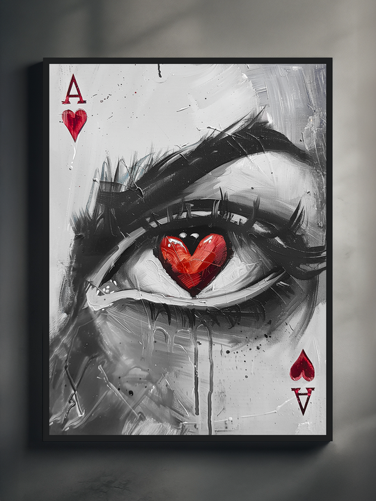 Black and white eye illustration with a red heart iris and ace of hearts card symbols, featuring gritty sketch textures for modern street art wall decor.
