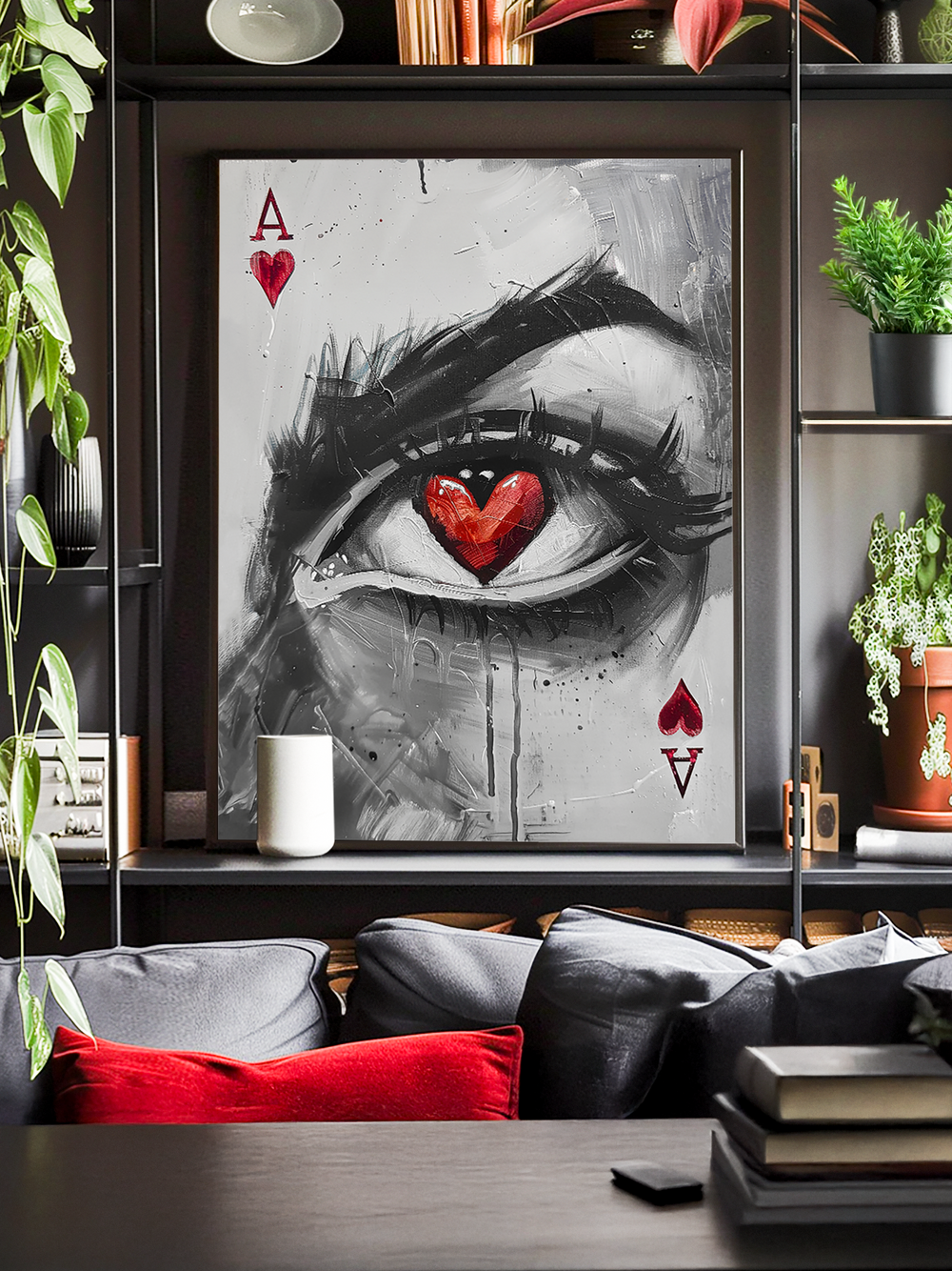Striking black and white painting of a realistic eye with a red heart-shaped pupil, combined with ace of hearts and ace of spades card symbols, displayed in a stylish living room with shelves, plants, cushions, and modern decor.