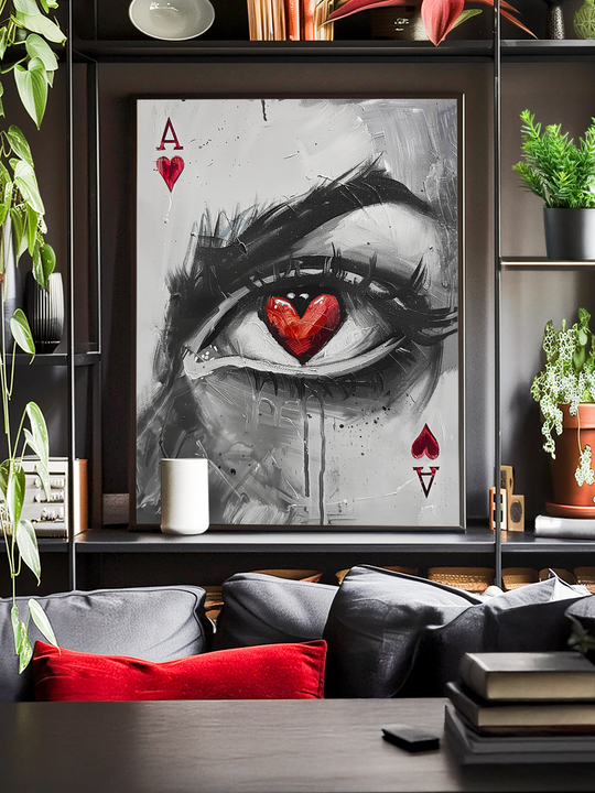 Striking black and white painting of a realistic eye with a red heart-shaped pupil, combined with ace of hearts and ace of spades card symbols, displayed in a stylish living room with shelves, plants, cushions, and modern decor.