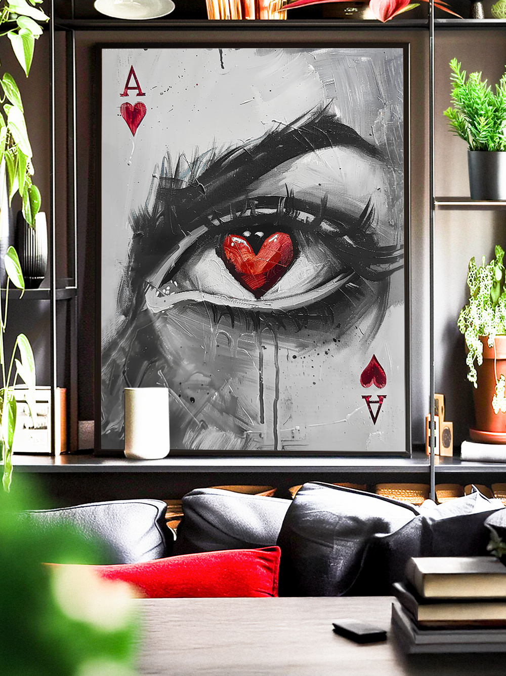 Black and white abstract eye artwork with a vivid red heart pupil and Ace of Hearts symbols, expressive brushstrokes, and a sleek black frame — a modern statement poster for living room, bedroom, or home office gallery walls.