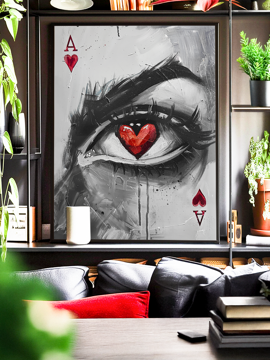Black and white abstract eye artwork with a vivid red heart pupil and Ace of Hearts symbols, expressive brushstrokes, and a sleek black frame — a modern statement poster for living room, bedroom, or home office gallery walls.