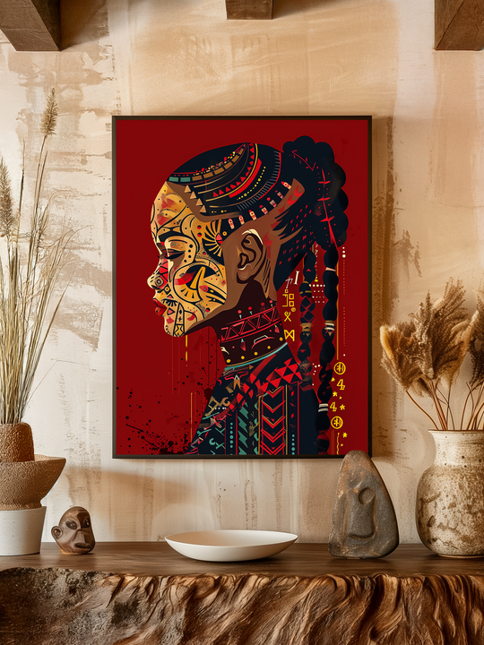 A bold tribal art poster featuring a side-profile woman with colorful face markings and braids is mounted on a textured beige wall. The artwork is centered above a rustic wooden console table decorated with natural elements, including pampas grass, ceramic vases, abstract stone sculptures, and organic decor. The room’s earthy tones and soft lighting create a calm, minimalist aesthetic that contrasts beautifully with the vivid red and black tones of the poster.