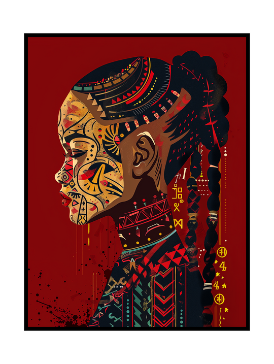 Stylized side-profile portrait inspired by African tribal art, featuring intricate geometric patterns, symbolic markings, braided hair, and ornamental details. The artwork uses a bold red background and earthy tones to create a powerful, cultural, and contemporary interpretation of traditional African visual motifs.