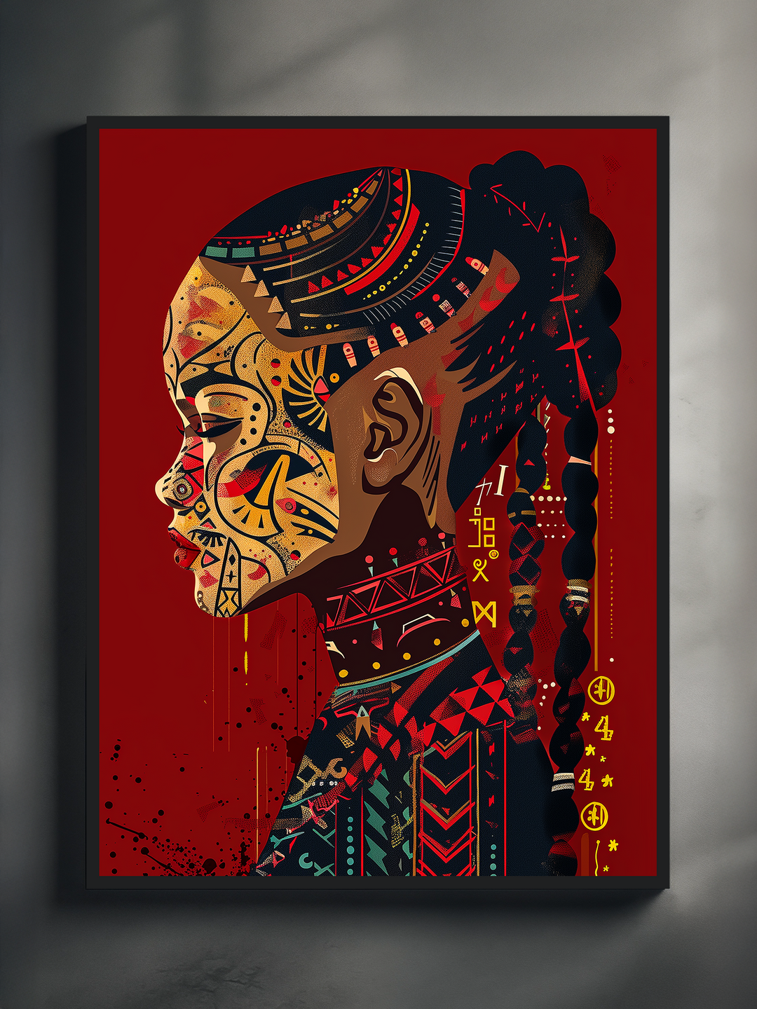 Artistic profile of a woman in Afrofuturistic style featuring golden skin tones, intricate tribal markings, and a braided hairstyle adorned with cultural patterns. The intense red background enhances the vibrant contrast and highlights the spiritual and symbolic depth of the portrait.