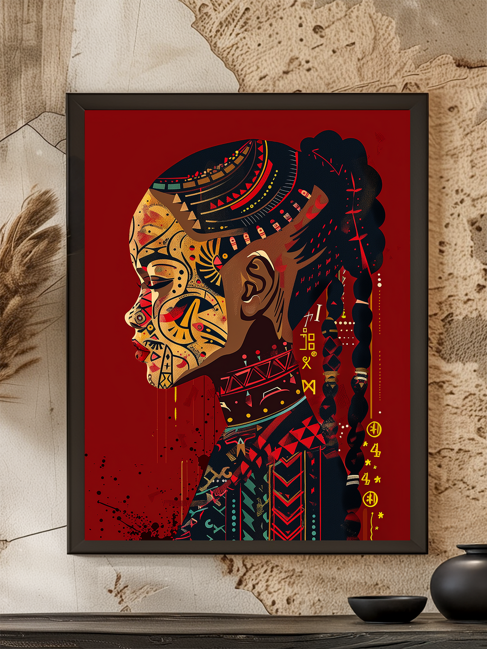 Striking side profile of a woman illustrated in Afrofuturistic style with vibrant tribal face paint, geometric patterns, and braided hair, set against a bold red background. The detailed composition combines traditional African symbolism with modern digital art elements, creating a powerful and expressive visual statement.