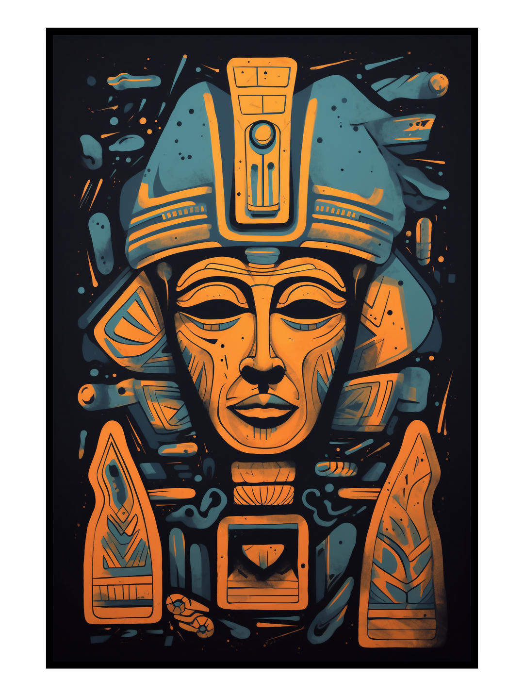 Stylized wall art poster depicting an ancient Egyptian pharaoh with a calm, symmetrical face and an ornate ceremonial headdress. The illustration combines geometric shapes and bold linework in warm gold, orange, and deep blue tones, creating a modern interpretation of Egyptian mythology and ancient culture. Contemporary mythology wall art designed as a striking poster that blends historical symbolism with a graphic, modern art style for bold interior decor.