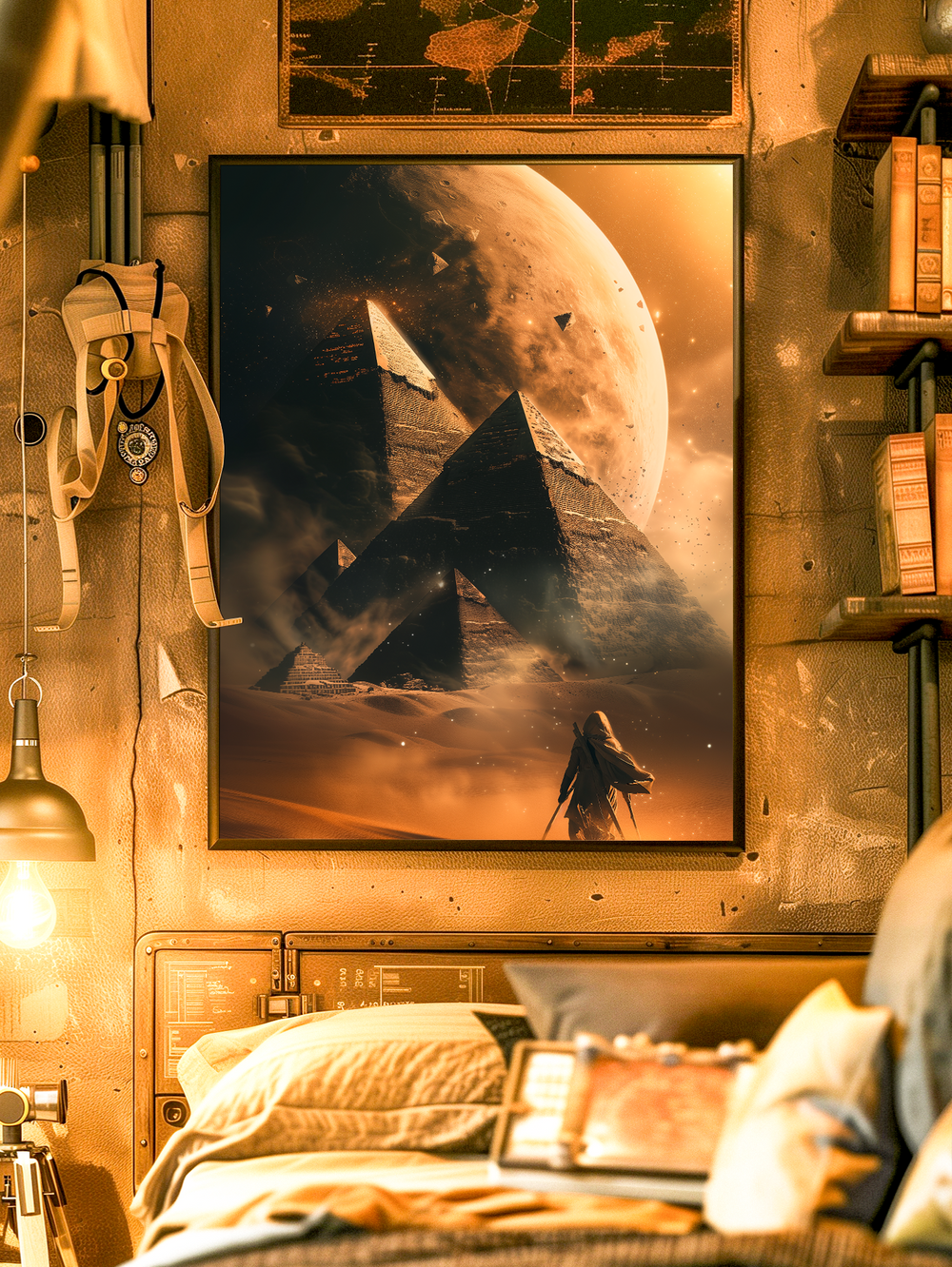 Captivating sci-fi wall art of towering pyramids under a massive moon with a mysterious cloaked figure, displayed in a warm desert-inspired bedroom with golden lighting, rustic walls, bookshelves, and vintage decor, creating an atmospheric and immersive interior design setting.