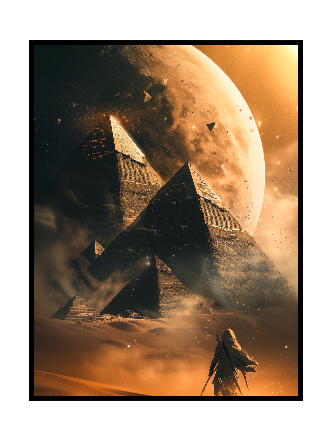 A lone figure walks across a vast desert toward towering stone pyramids partially buried in sand. Dust and debris drift through the air as a huge golden moon looms behind the structures, filling the sky with a surreal, otherworldly glow. The scene blends ancient architecture with a cosmic atmosphere, creating a sense of mystery, scale, and timeless exploration.