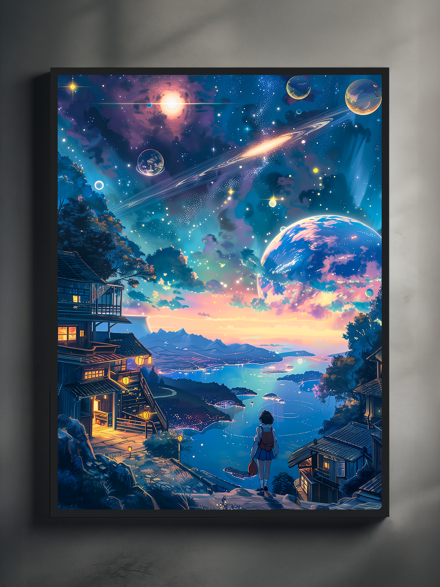 A vibrant anime-style poster showing a girl with a backpack standing on a mountain path, gazing at a glowing ocean city below. Traditional Japanese houses line the hillside, lit warmly from within. Above her stretches a breathtaking galaxy sky filled with stars, planets, nebulae, and glowing rings, blending cosmic fantasy with peaceful evening light. This dreamy wall art combines anime aesthetics, space themes, and surreal landscapes, ideal for fans of cosmic Japanese-inspired fantasy decor anime prints.