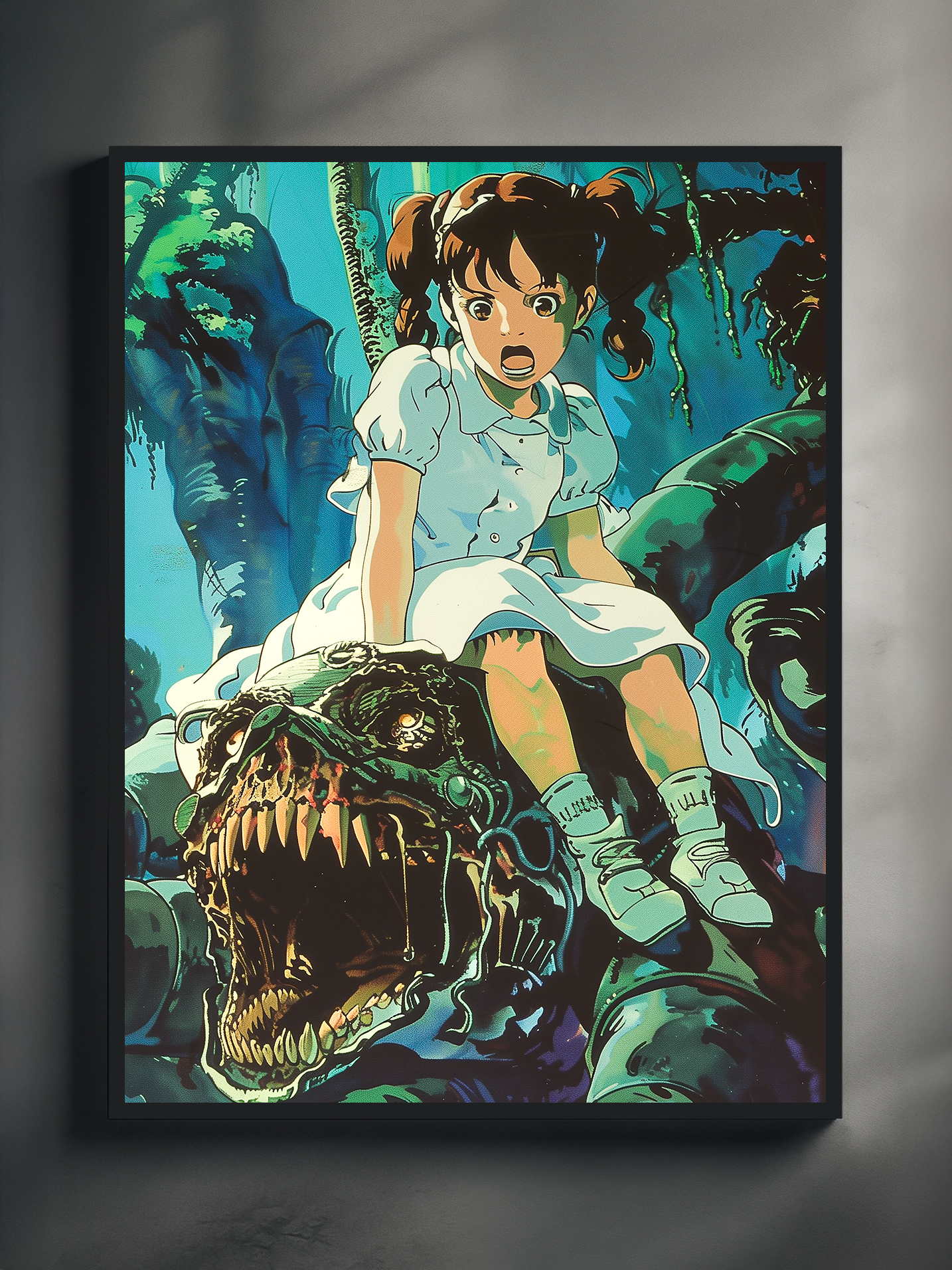 Cinematic anime style wall art showing a surprised girl in a white dress sitting on a massive monster with sharp teeth in a deep blue jungle scene.