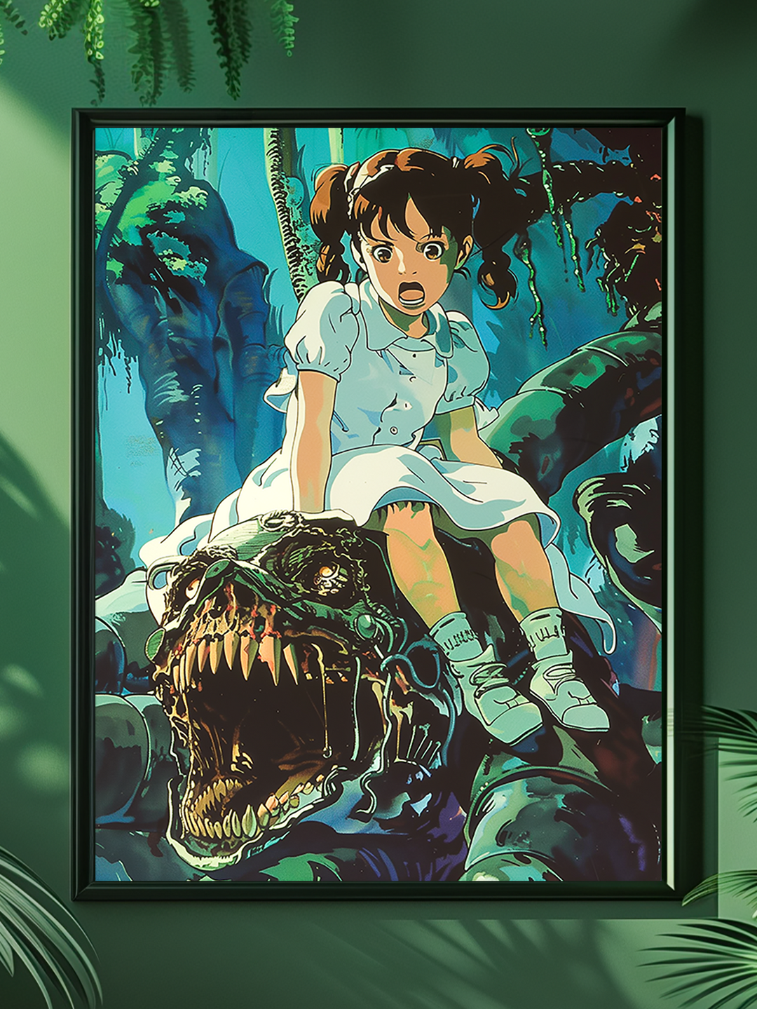 A young anime girl in a white dress and pigtails sits fearfully on a giant skull with sharp teeth in a dense, jungle-like environment. The vibrant green and blue tones create a surreal and eerie atmosphere.