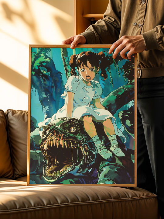 A person holding a framed anime poster showing a terrified girl in a white dress sitting above a roaring jungle beast, displayed in a cozy living room with natural sunlight.