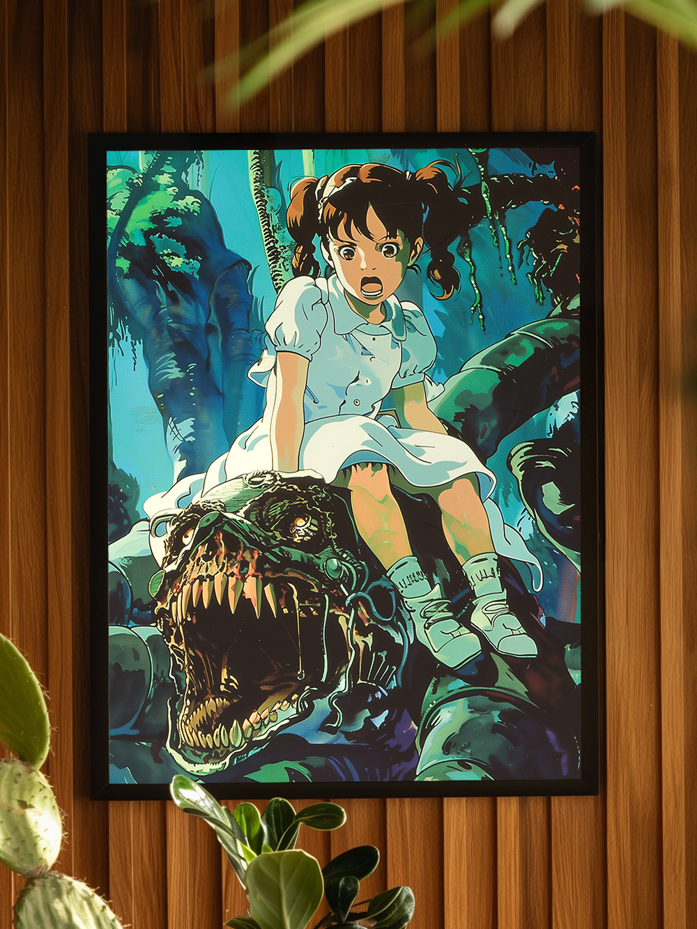 Framed anime poster showing a shocked girl in a white dress sitting above a monstrous creature with sharp teeth, displayed on a wooden panel wall with houseplants nearby.