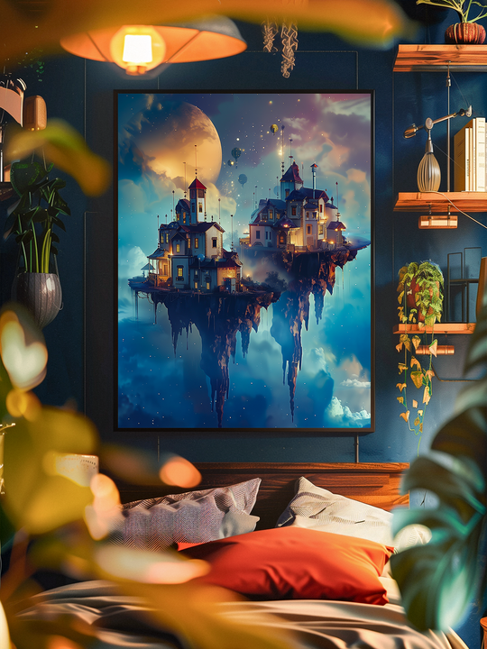Interior design scene featuring a large framed fantasy wall art print of floating island houses under a moonlit night sky, centered on a dark blue textured accent wall. Cozy bedroom decor with a wooden bed, orange pillows, modern wood shelves, hanging ivy and leafy plants, and a soft overhead lamp; blurred foreground leaves add depth. bedroom wall art, surreal fantasy poster, floating island artwork, moon night sky print, cozy home decor, blue accent wall, framed art for modern interiors.