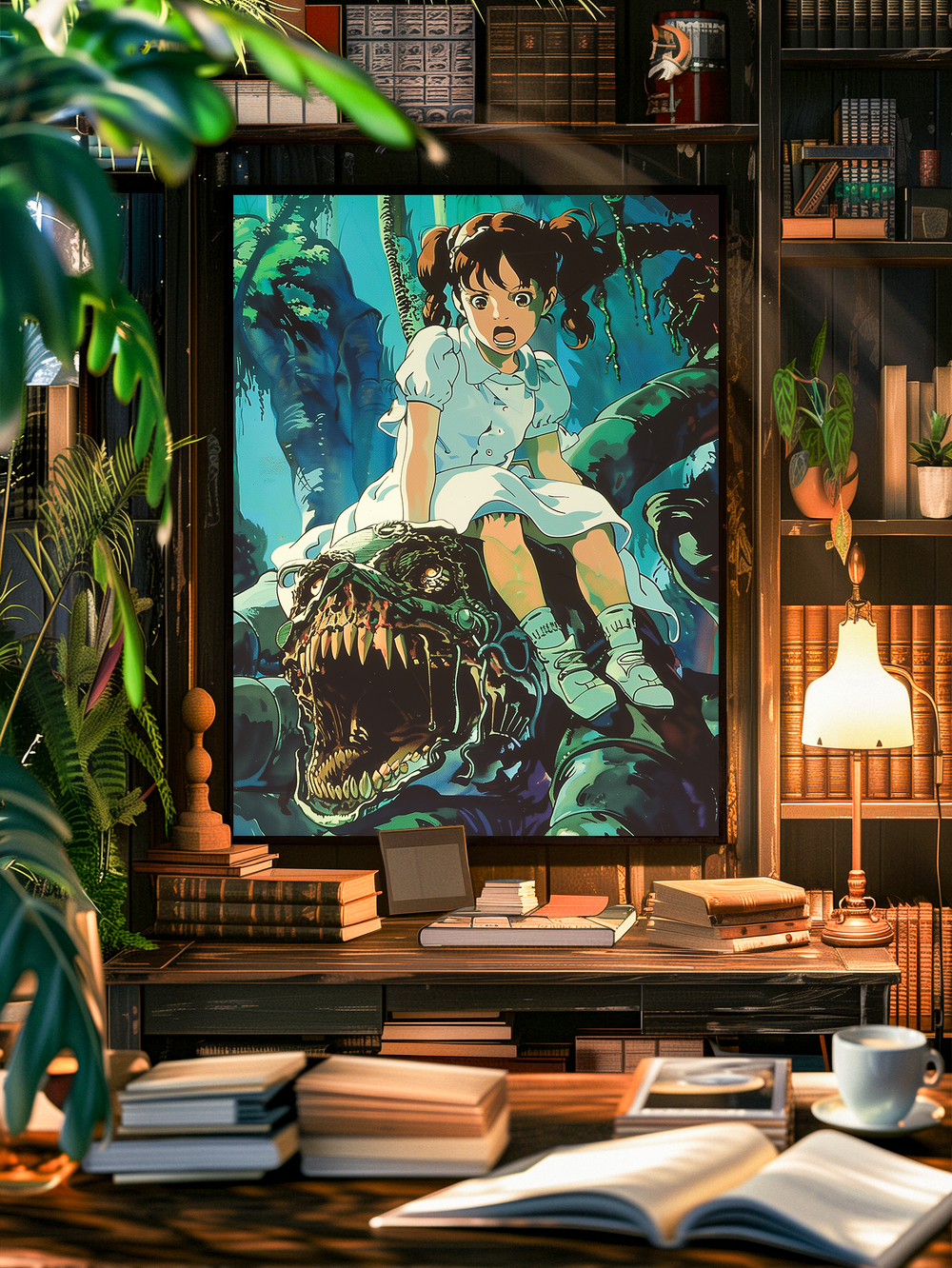 A detailed anime poster in a black frame hangs on a dark wooden wall, surrounded by vintage bookshelves and leafy plants. Below it stands a classic wooden desk covered in open books, papers, and a steaming cup of coffee, creating a warm and intellectual library atmosphere with rich textures and soft lighting.