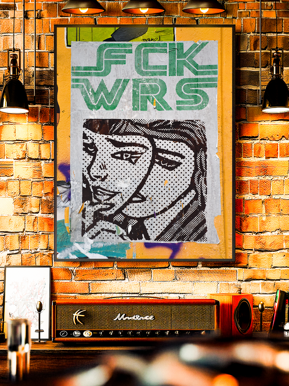 Statement wall art featuring the slogan “FCK WRS” above a stylized female portrait in modern pop art street art style, framed on a brick wall with warm lights and vintage audio console. Ideal for peace themed decor, protest art lovers, and contemporary living rooms seeking bold political art prints.