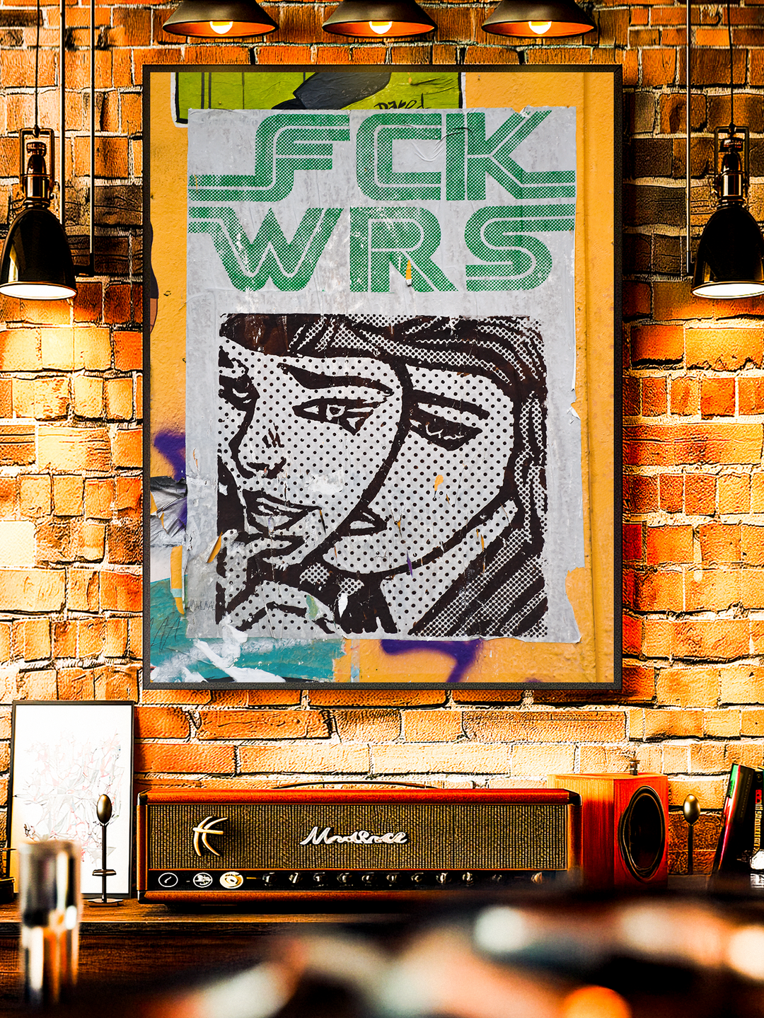 Statement wall art featuring the slogan “FCK WRS” above a stylized female portrait in modern pop art street art style, framed on a brick wall with warm lights and vintage audio console. Ideal for peace themed decor, protest art lovers, and contemporary living rooms seeking bold political art prints.