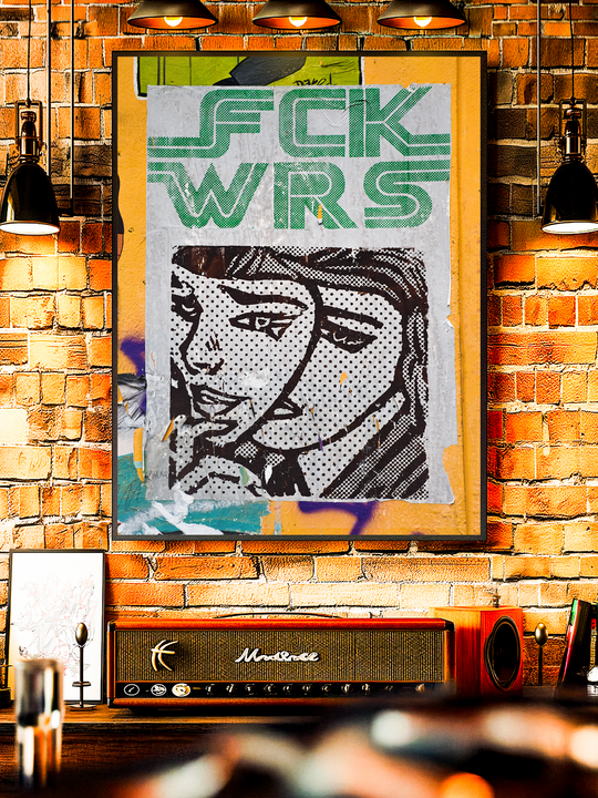 Statement wall art featuring the slogan “FCK WRS” above a stylized female portrait in modern pop art street art style, framed on a brick wall with warm lights and vintage audio console. Ideal for peace themed decor, protest art lovers, and contemporary living rooms seeking bold political art prints.