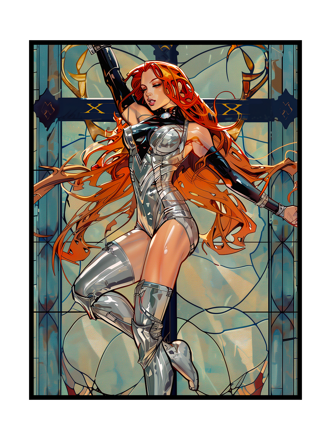 Elegant art nouveau inspired illustration featuring a woman with flowing red hair posed in a dynamic, dance-like movement. She wears a metallic, sculptural outfit set against an ornate stained glass background with symmetrical geometric patterns and muted pastel tones, creating a refined, decorative and timeless aesthetic reminiscent of classic ornamental art.