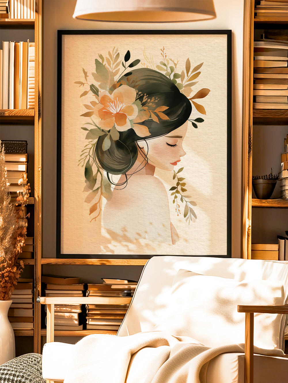 A framed illustration of a serene woman in profile, her dark hair styled with delicate flowers and leaves in earthy tones. The artwork is displayed in a cozy reading corner with wooden shelves, stacked books, warm lighting, and a soft white chair, creating an inviting and artistic ambiance.
