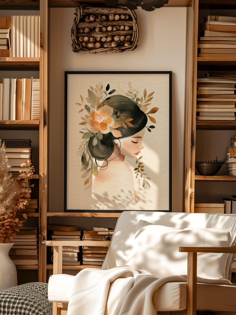 Stylish and cozy reading corner featuring a black-framed floral portrait poster centered between tall wooden bookshelves filled with stacked books. A soft beige lounge chair with a blanket sits in the foreground, next to a ceramic vase with dried flowers. Warm natural light filters in, casting soft shadows and creating a serene atmosphere with layered textures and organic tones.