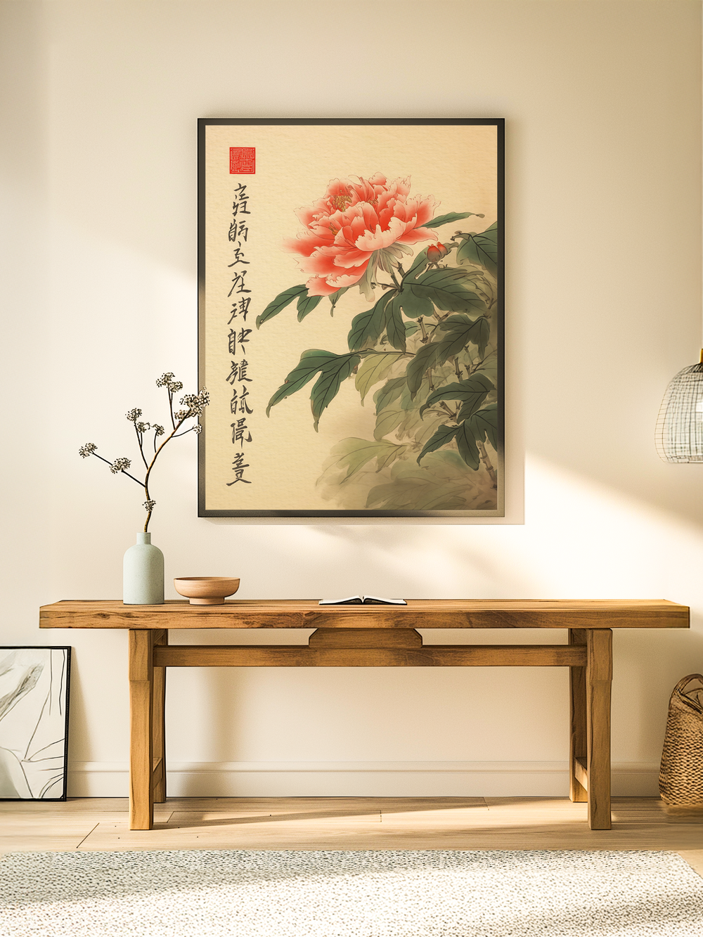 A traditional Asian-style poster with red peony flowers and calligraphy hangs above a wooden console table in a minimalist room with soft natural light, neutral tones, and simple decor elements like a ceramic vase, open book, and woven basket.