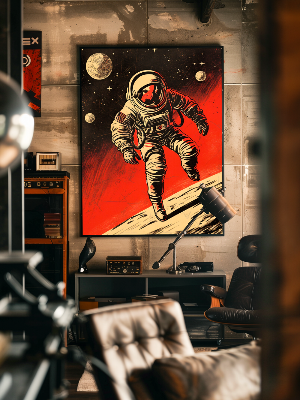 Frontal view of a stylish living room featuring a large framed poster of an astronaut with a red cosmic background. The artwork hangs above a console with vintage audio equipment, a turntable, and a desk lamp. Leather chairs appear in the blurred foreground, creating a sense of depth. The decor blends retro and space elements into a cozy, design-conscious atmosphere.