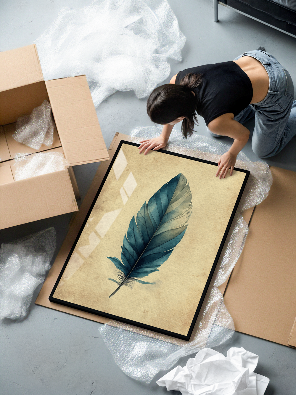  A minimalist azure feather art print displayed in a premium black aluminum frame with shatterproof plexiglass and 200 gsm matte museum-quality paper, offering a refined and sophisticated look for modern interior decor.