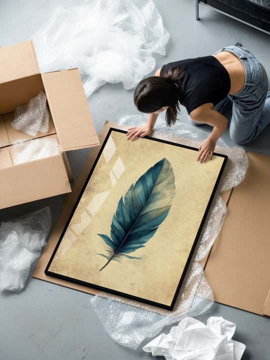  A minimalist azure feather art print displayed in a premium black aluminum frame with shatterproof plexiglass and 200 gsm matte museum-quality paper, offering a refined and sophisticated look for modern interior decor.