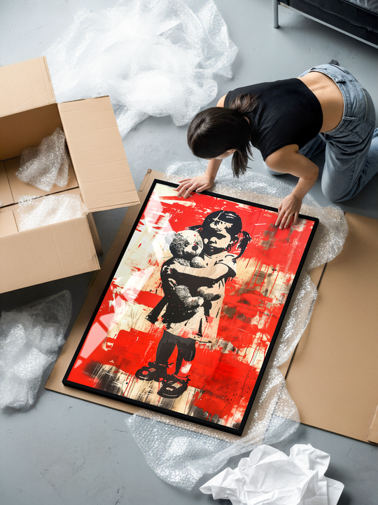 A woman unboxes a framed Banksy-inspired street art print showing a young girl holding her teddy bear against bold red textured paint. The artwork rests on bubble wrap, revealing the premium black aluminum frame and museum-grade matte paper quality.