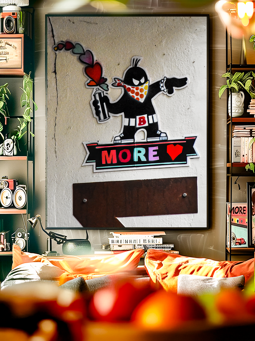 A framed Banksy style graffiti poster featuring a cartoon-like masked figure holding a spray can, releasing colorful hearts with the bold text “More Love” underneath. The artwork blends playful street art with an urban message of positivity, adding edgy character to a modern living room interior with bookshelves, plants, and warm lighting.