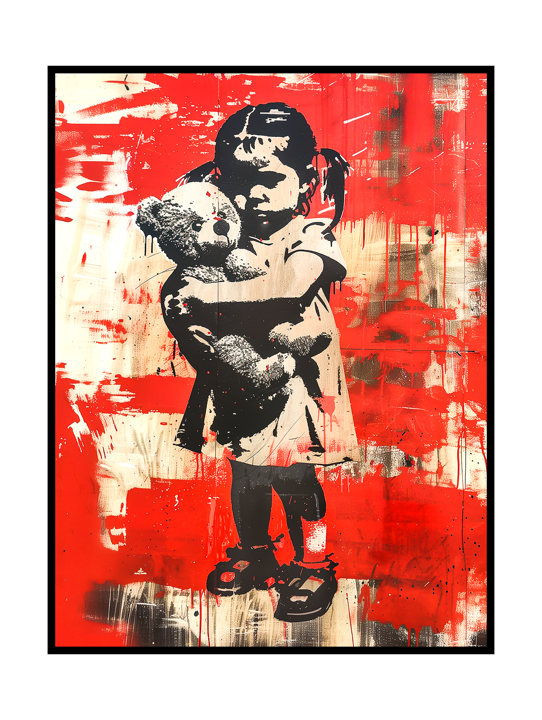 Street art inspired artwork in a Banksy style showing a young girl holding a worn teddy bear, rendered in black stencil against a distressed red and beige graffiti background, evoking themes of innocence, loss, and social commentary.