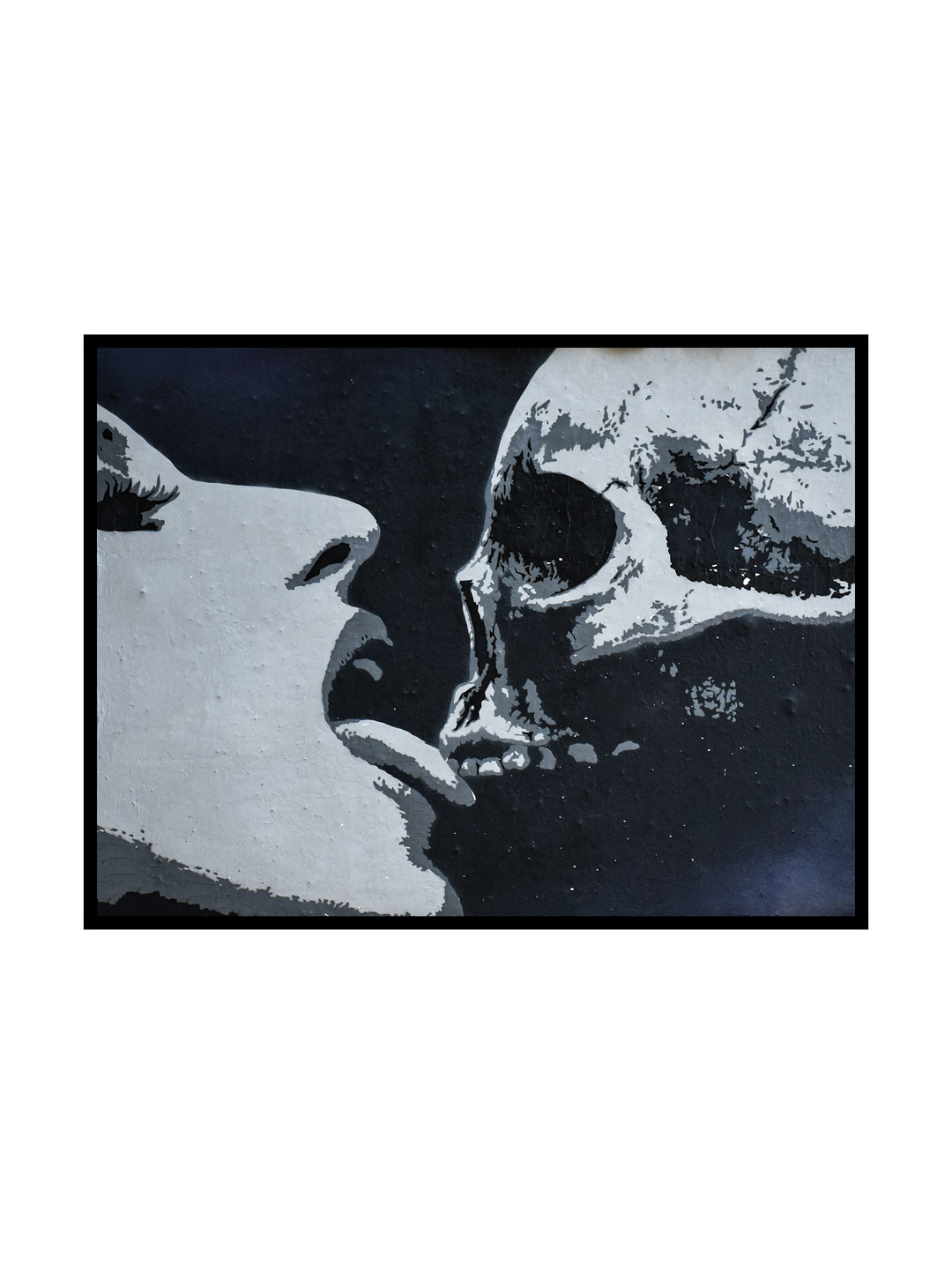 Black and white street art inspired image showing a woman leaning in to kiss a human skull, rendered in a gritty stencil style with rough textures and high contrast, symbolizing love, mortality, and the fragile boundary between life and death.