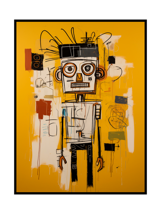 A neo-expressionist robot illustration inspired by Jean-Michel Basquiat, featuring raw line work, abstract symbols, and fragmented forms. Set on a bold yellow mustard background, the artwork conveys an expressive, urban, and intentionally imperfect aesthetic.